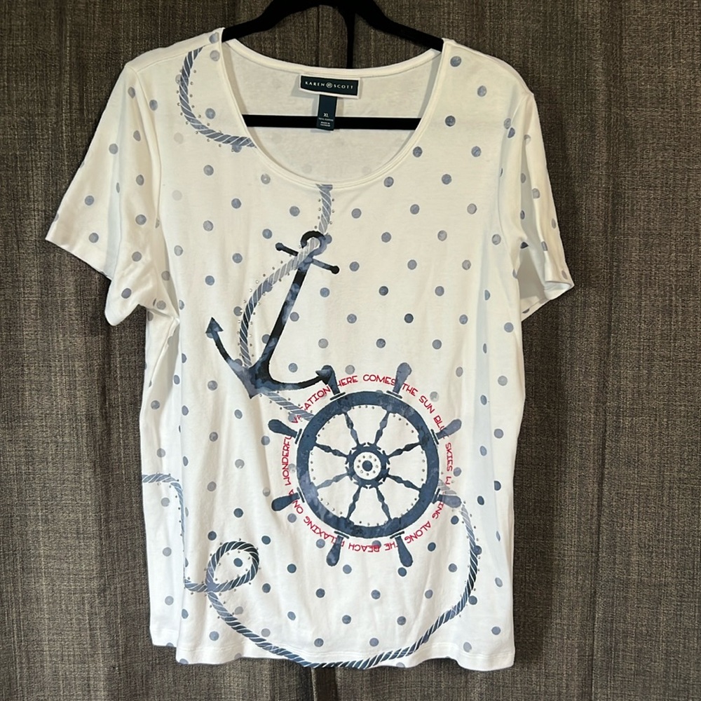 Karen Scott nautical theme short sleeve tshirt with rhinestones size XL